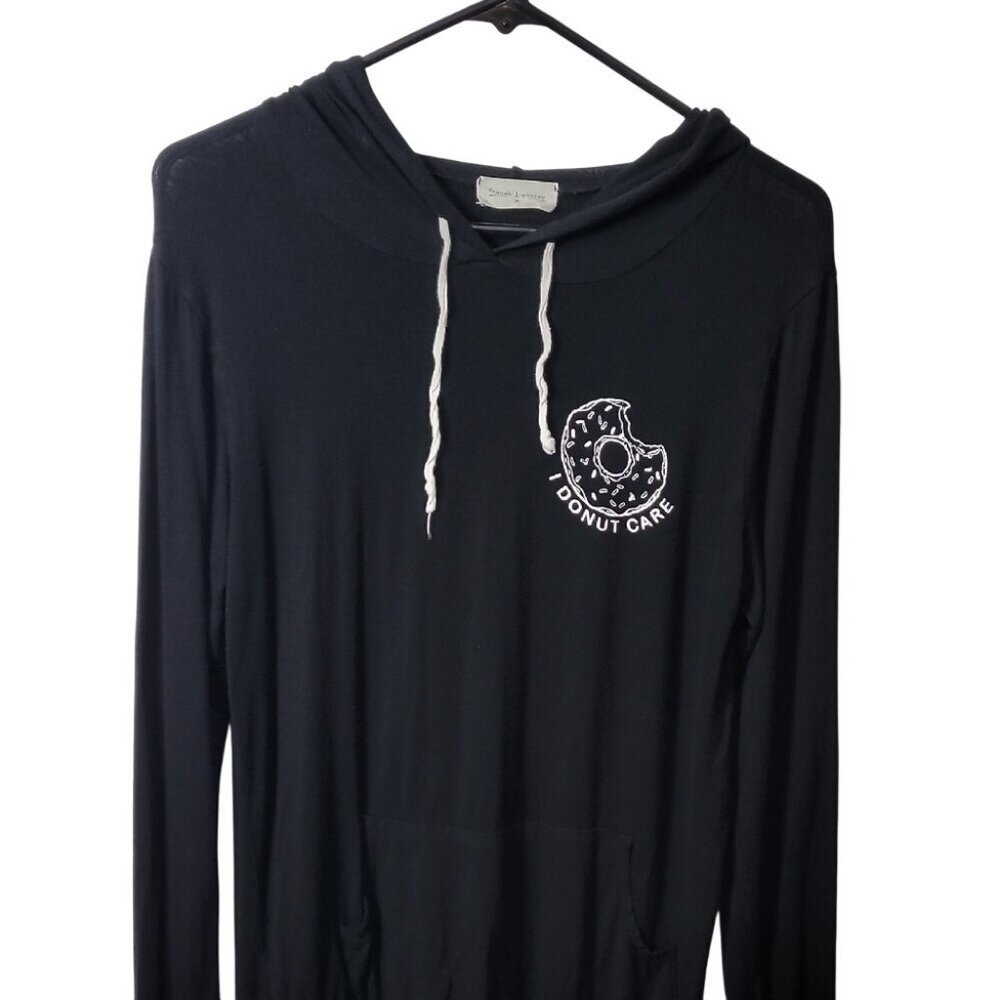 French Pastry Black Hoodie "I Donut Care" Lightweight Pullover With Drawstrings - Picture 6 of 9